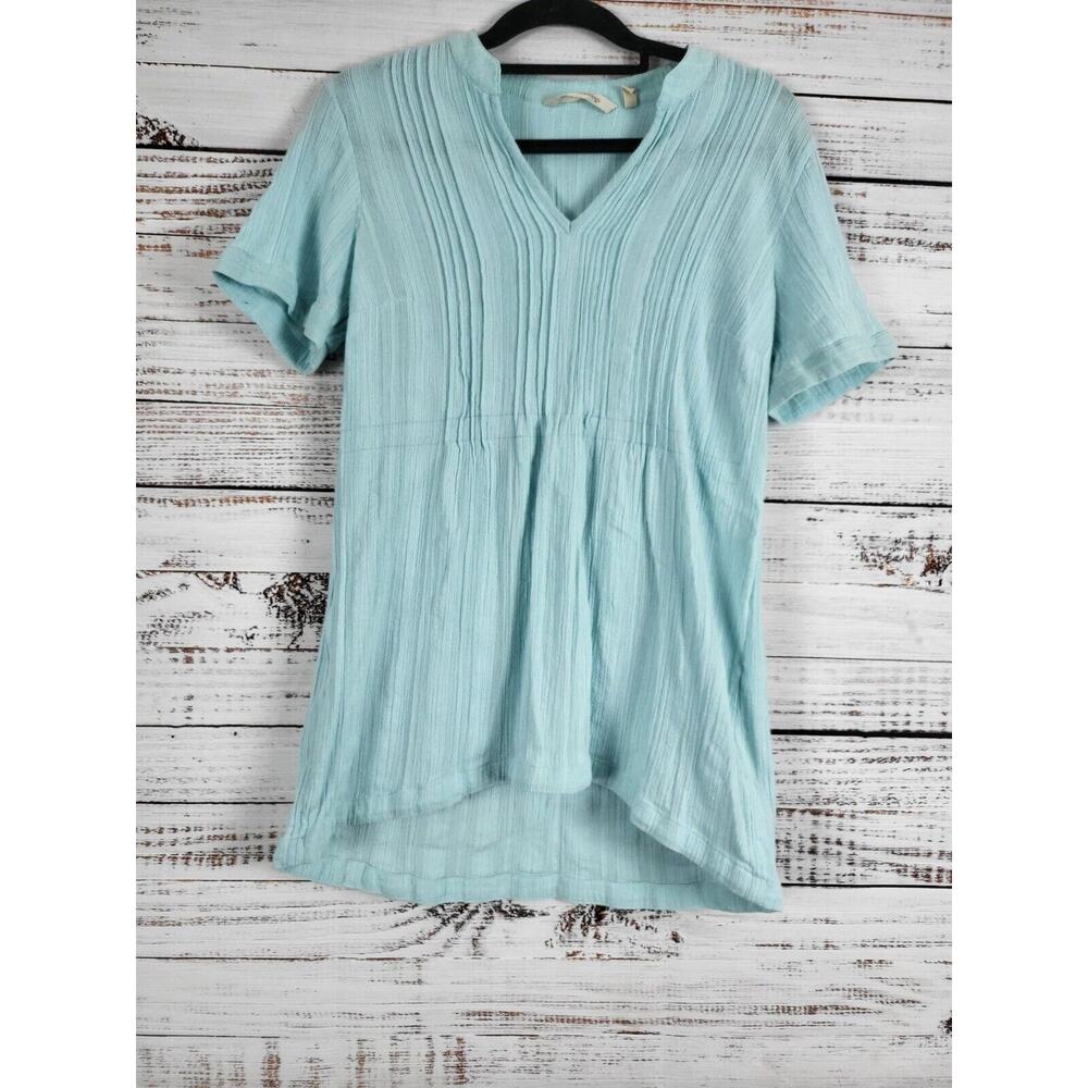 Soft Surroundings Tunic Top S Womens 100% Cotton V Neck Short Sleeve Light Blue